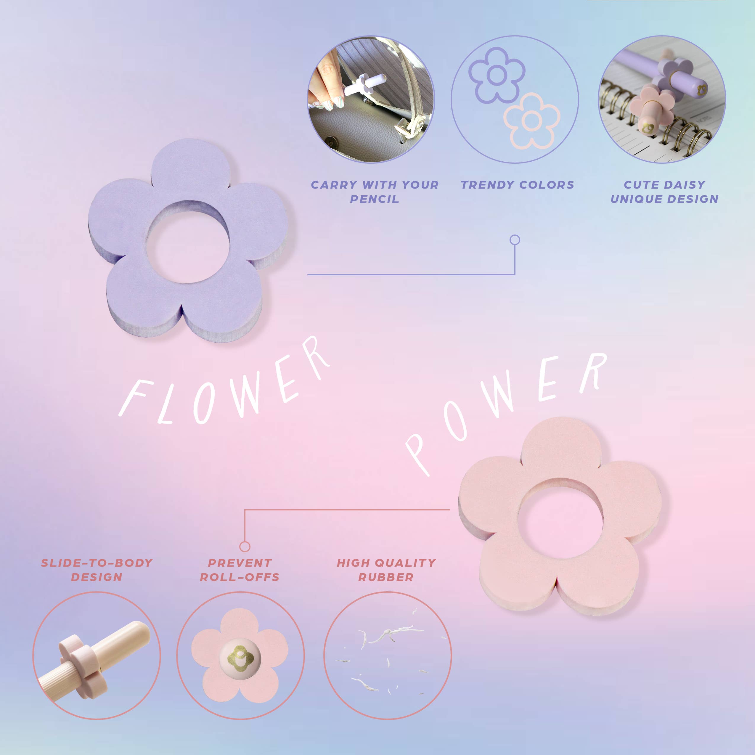 Omoni Designs – wholesale Eraser – Daisy Pencil Top Pink & Purple Eraser 12 Pack7