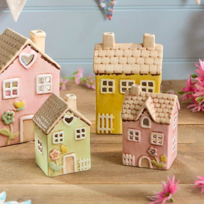 Langs - Wholesale Candle Holder - Ceramic Pink House Small With Embossed Flower Painted Tea Light Holder2