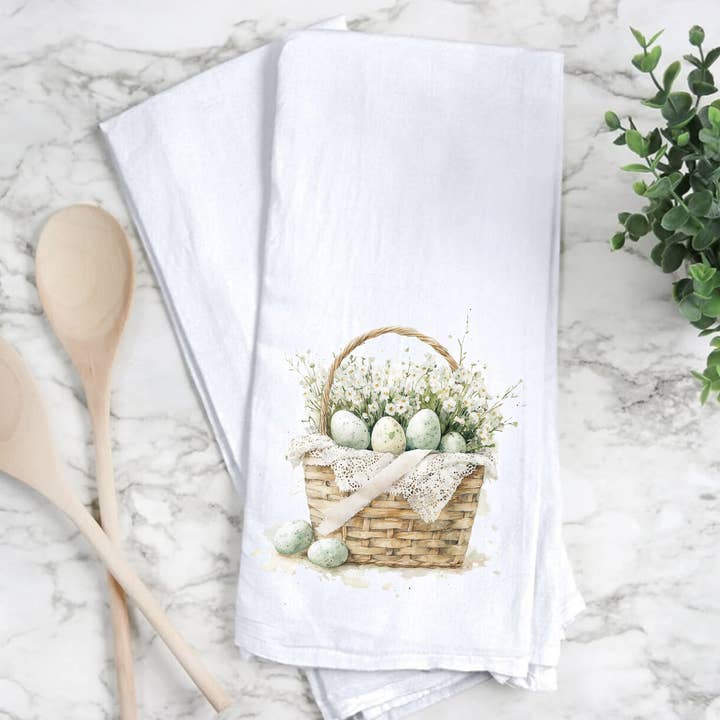 Easter Basket With Eggs and Flowers Tea Towel Home Decor for wholesale by by BellaBlue