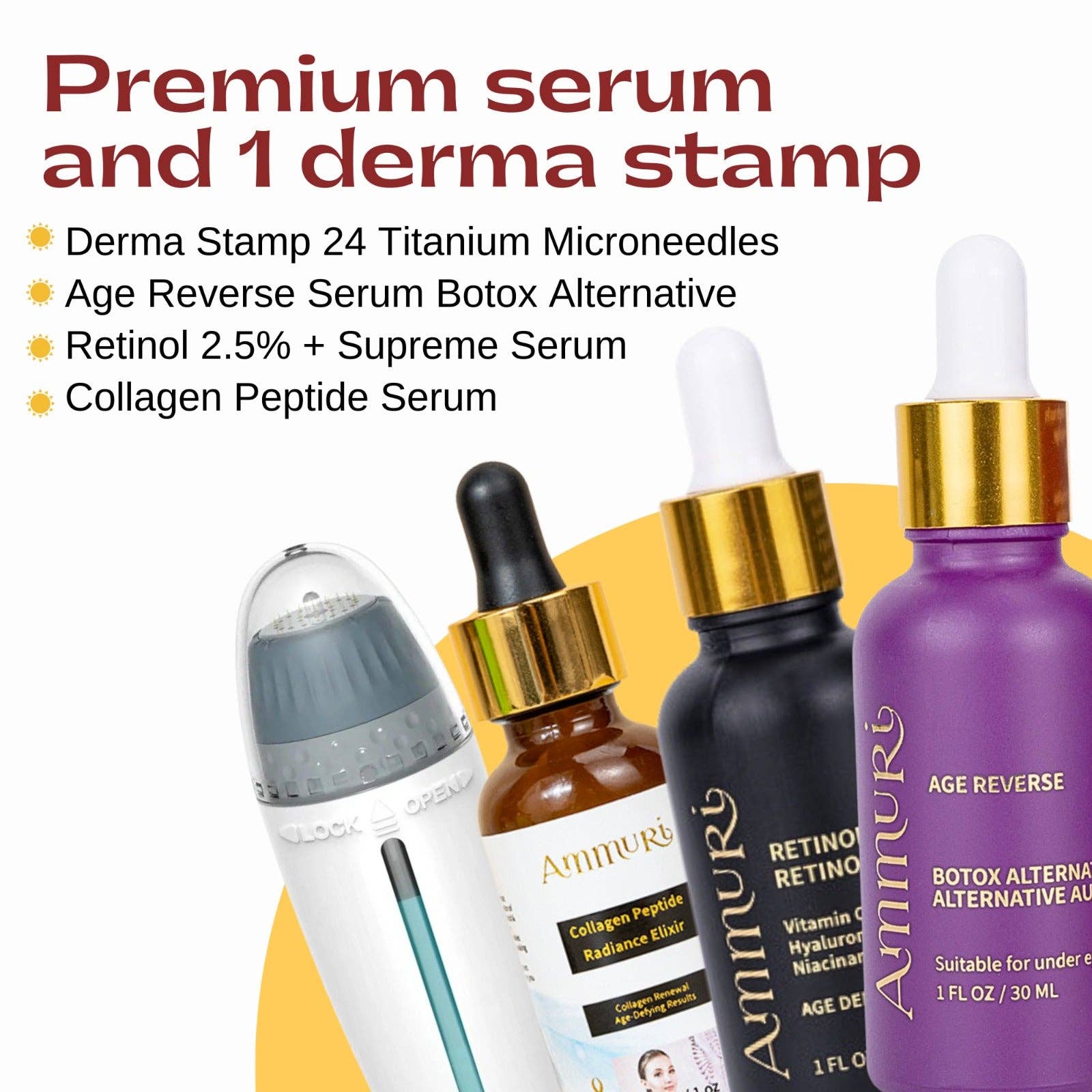 AMMURI - Wholesale Facial Care Set/Kit - Adjustable 0-1.5mm Derma Stamp 24 Titanium Microneedles  Includes Peptide, Colligan, and Retinol Ammuri Serum Microneedling Kit for Home Use1