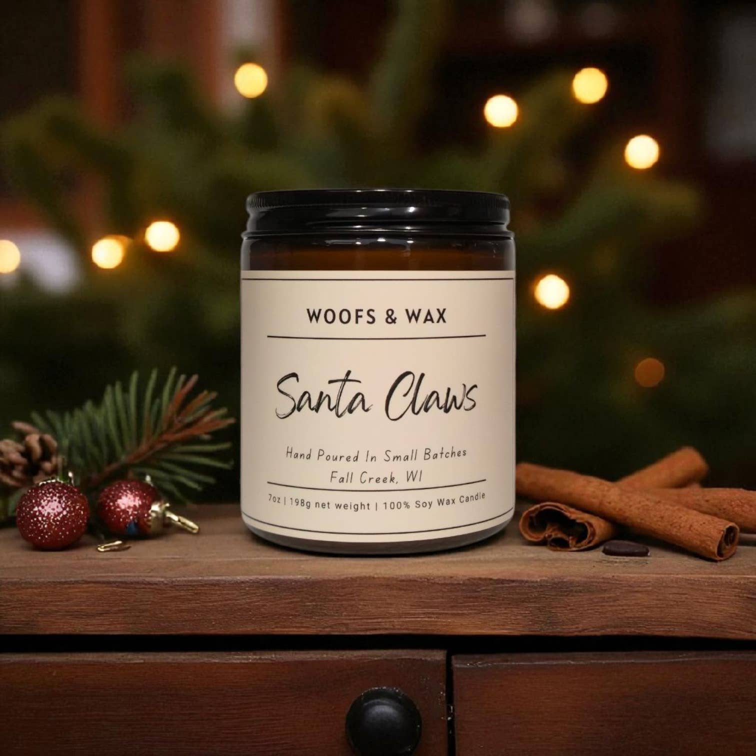 Woofs & Wax - Wholesale Jar/Filled Candle - Santa Claws Candle - 7oz 100% Soy - Pet Safe