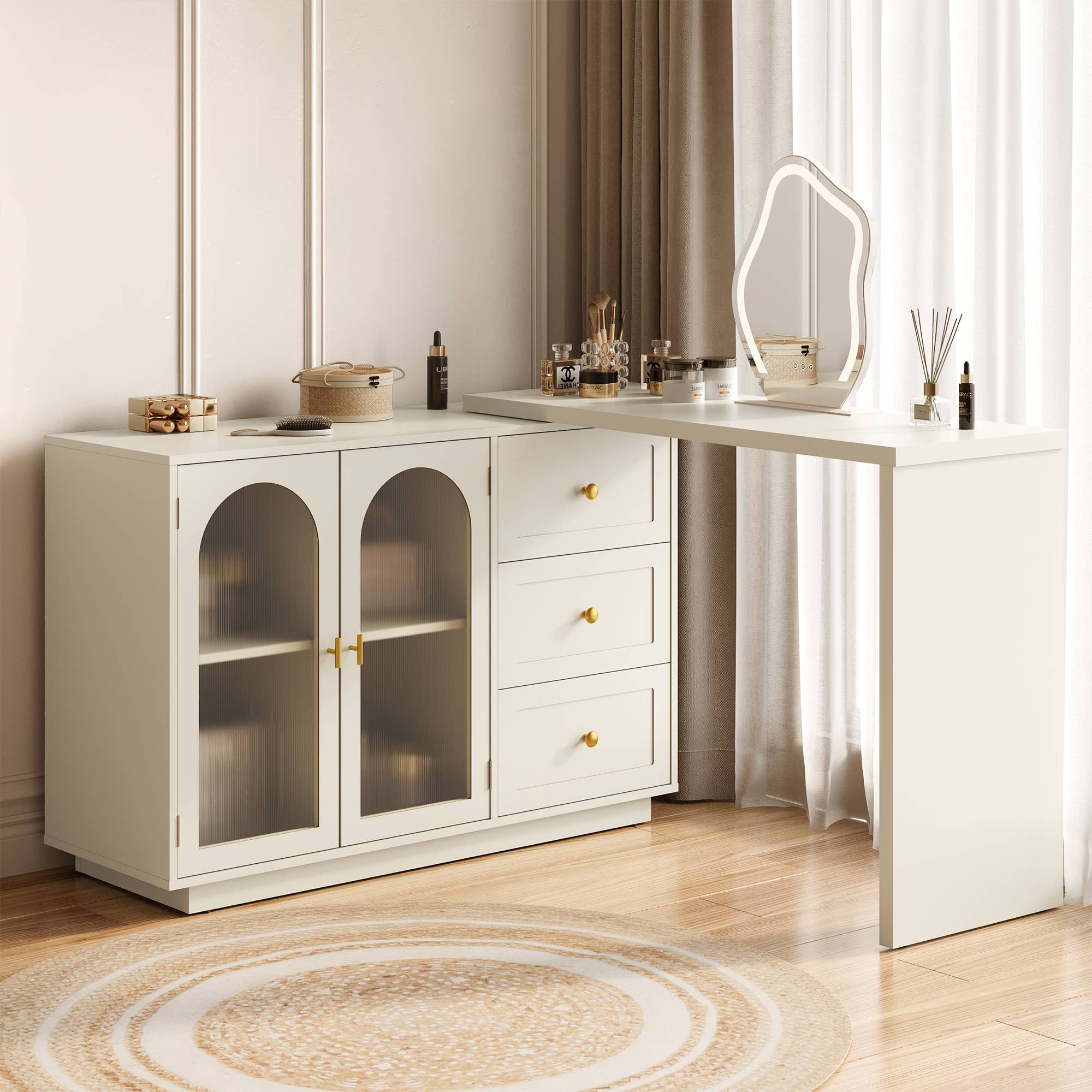 Heynemo - Wholesale Console Table - 83” Extendable Makeup Vanity Desk with 3 Drawer & 2 Door8