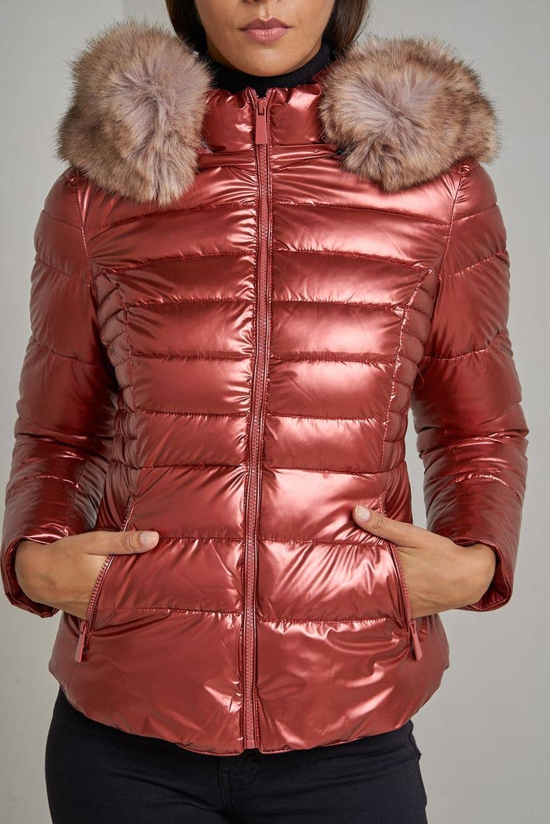 Attrait Paris - Wholesale Jacket - Women's - Metallic short puffer jacket with faux fur hood9