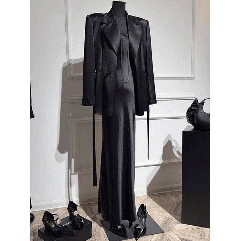 NOIR Ensemble Élégant Robe Noire - Manteau et Robe en vente sur Faire0