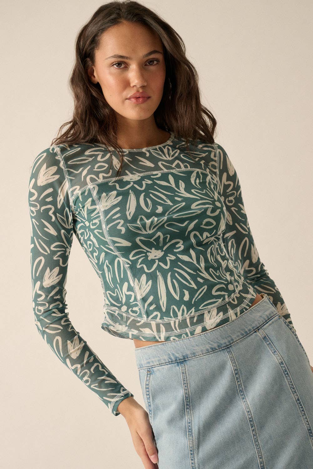 Wholesale Exposed-Seam Floral Mesh Knit Top for your store - Faire