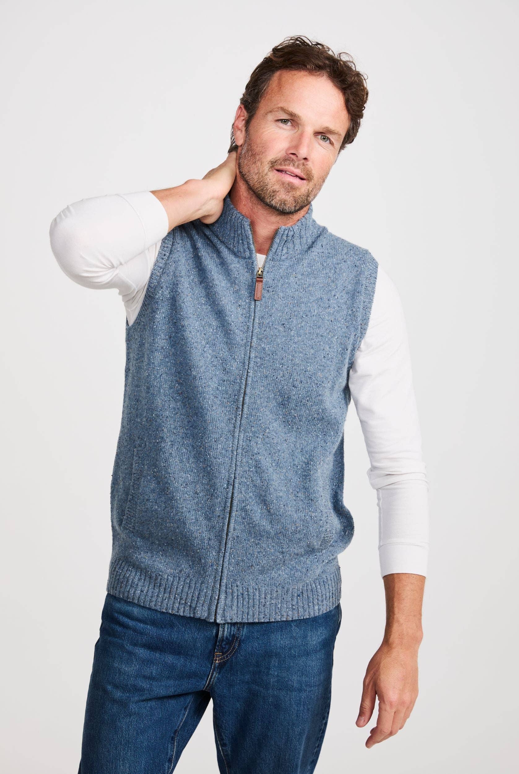 Aran Woollen Mills - Wholesale Outerwear Vest - Men's - Rossport Mens Aran Nepped Gilet - Blue