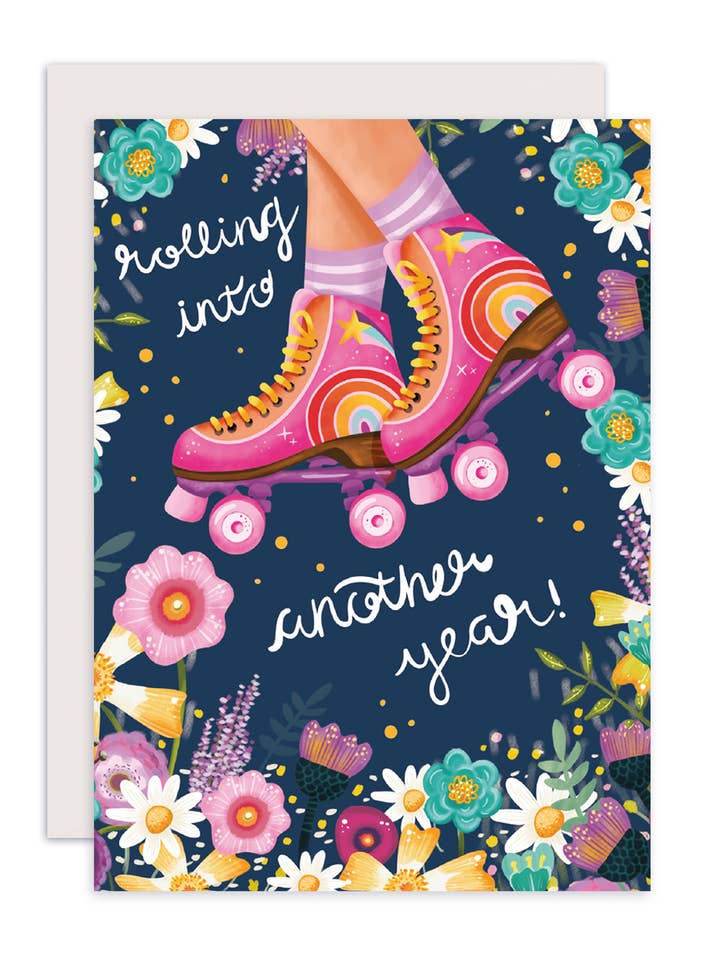 Födelsedagskort rullskridskor grattis blommor rosa blå för wholesale av Aniet Illustration