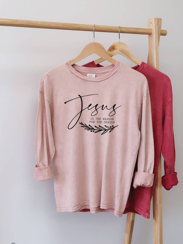 JESUS IS THE REASON FOR   Mineral Washed Long Sleeve Graphic for wholesale by OAT COLLECTIVE