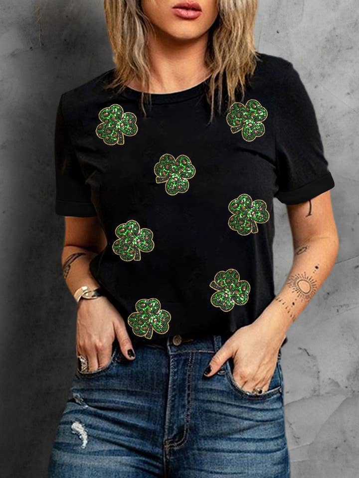 Black Sequin Clover Patch St Patrick's Day Tee for wholesale by Suhkasana