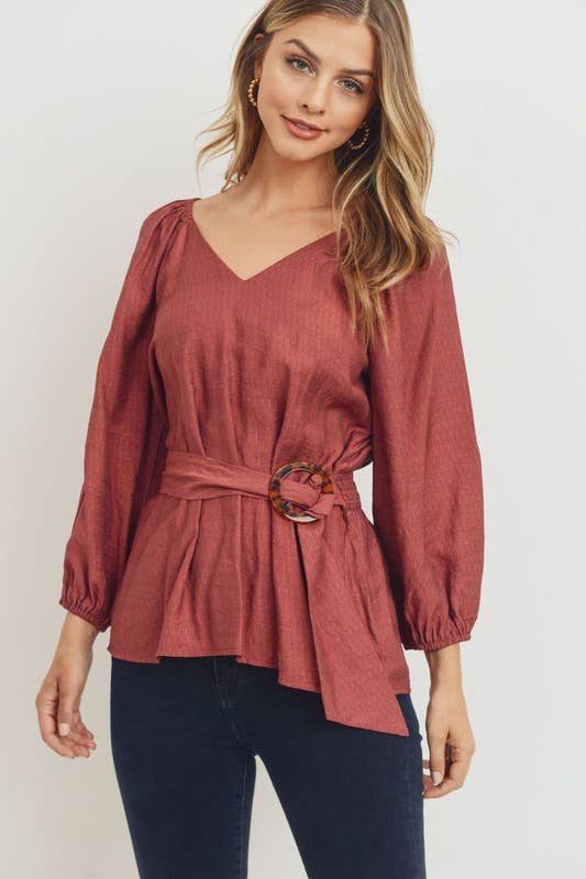 Sweet Rain - Wholesale Blouse - Women's - 3/4 V Neck With Buckle Self Tie
