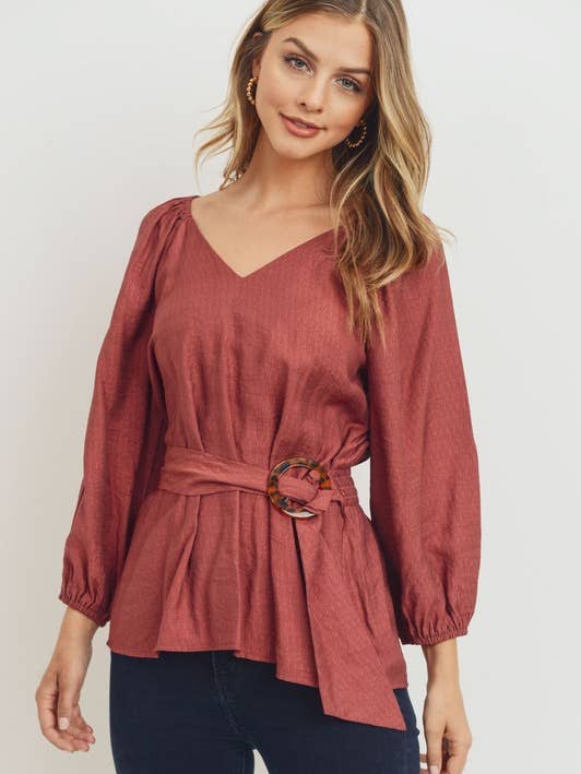 Sweet Rain - Wholesale Blouse - Women's - 3/4 V Neck With Buckle Self Tie0