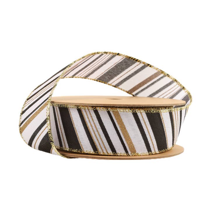 Ruban en faux lin câblé de 1 1/2" | avec rayure en sergé noir, blanc et or estampée | Rouleau de 10 yards pour la vente par LA Ribbons Wholesale