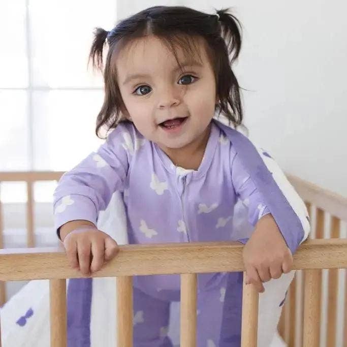 Snuggle Buds - Wholesale Sleepsuit - Baby - Lilac Flutter Zipped Onesie (0–12 Months) – 100% Cotton Muslin Baby Sleepwear12