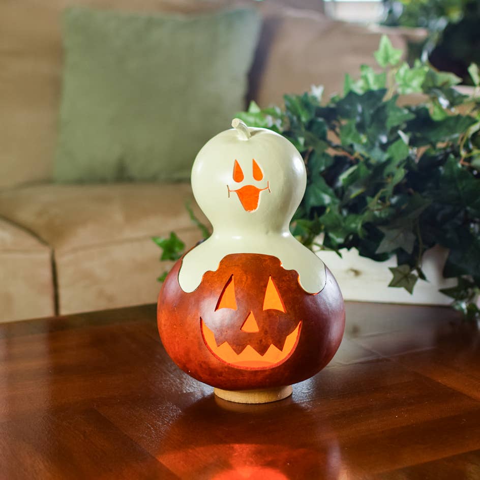 Meadowbrooke Gourds - Wholesale Decorative Tabletop Object - Casper Jack Jack-O-Lantern Medium Lit Gourd Luminary