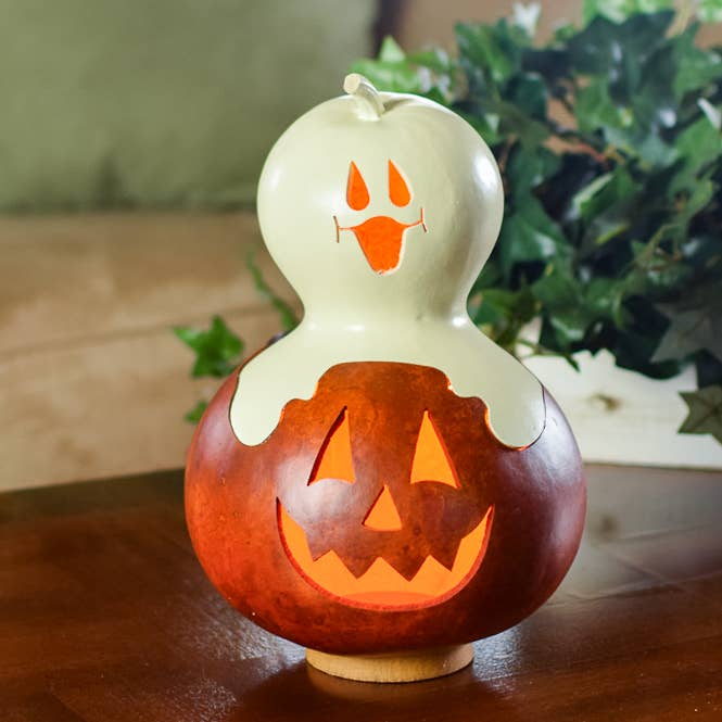 Meadowbrooke Gourds - Wholesale Decorative Tabletop Object - Casper Jack Jack-O-Lantern Medium Lit Gourd Luminary0