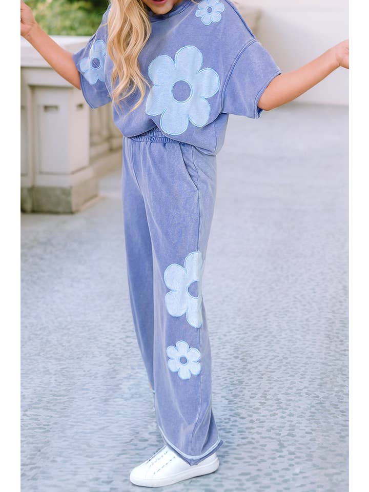 Lilac LDC Floral Patch Exposed Seam Raw Edge Pants Set for wholesale on Faire