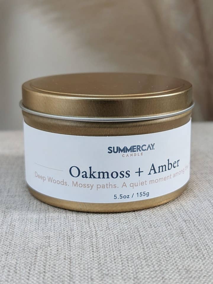 Oakmoss + Amber | 5.5 oz Gold Tin Soy Candle for wholesale by SummerCay Candle