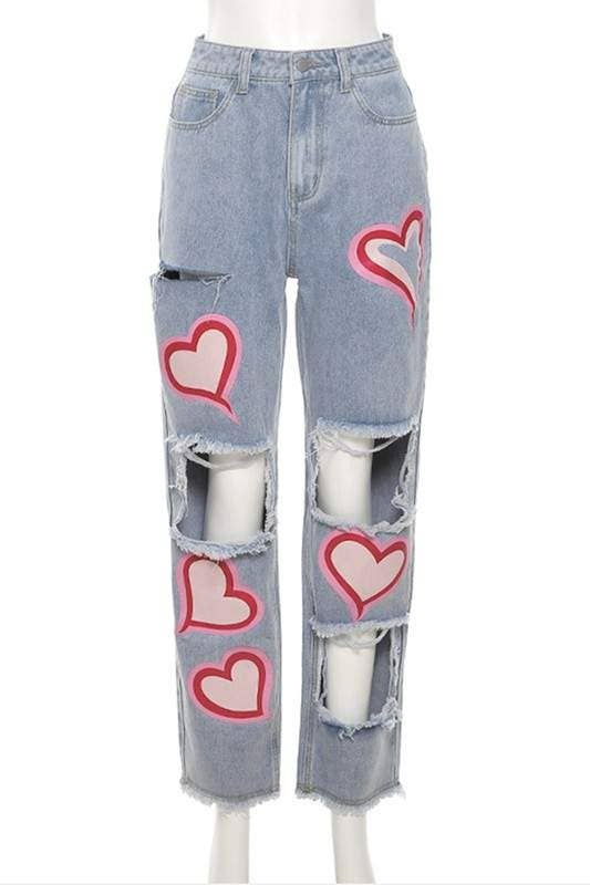 Fashion Combination – wholesale Pants – Women's – heart cutout ripped denim jeans2