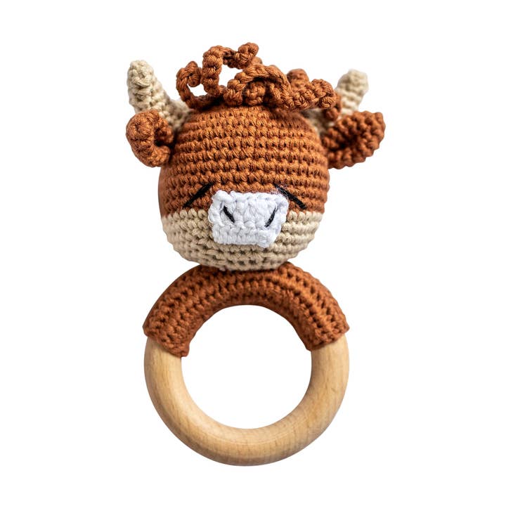 Highland Cow Hand Crochet Rattle for wholesale by Wonderjoys Baby Co