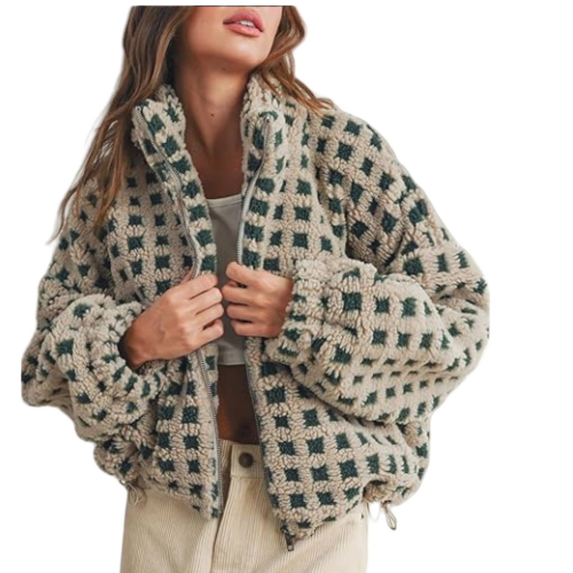 Rosa Clothing - Wholesale Jacket - Women's - Checkered Gingham Sherpa zip-up jacket 6 COLORS7