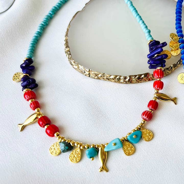 Goupi - Wholesale Beaded/Pearl Necklace - Turquoise semiprecious beaded summer necklaces