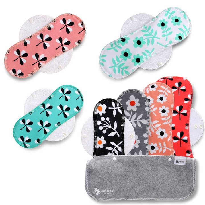 natissy - Wholesale Period underwear – Women’s - Organic Cotton Reusable Menstrual Pads with Wings Multipack (Sizes S, M, L, XL) - Flowers (white wings)1