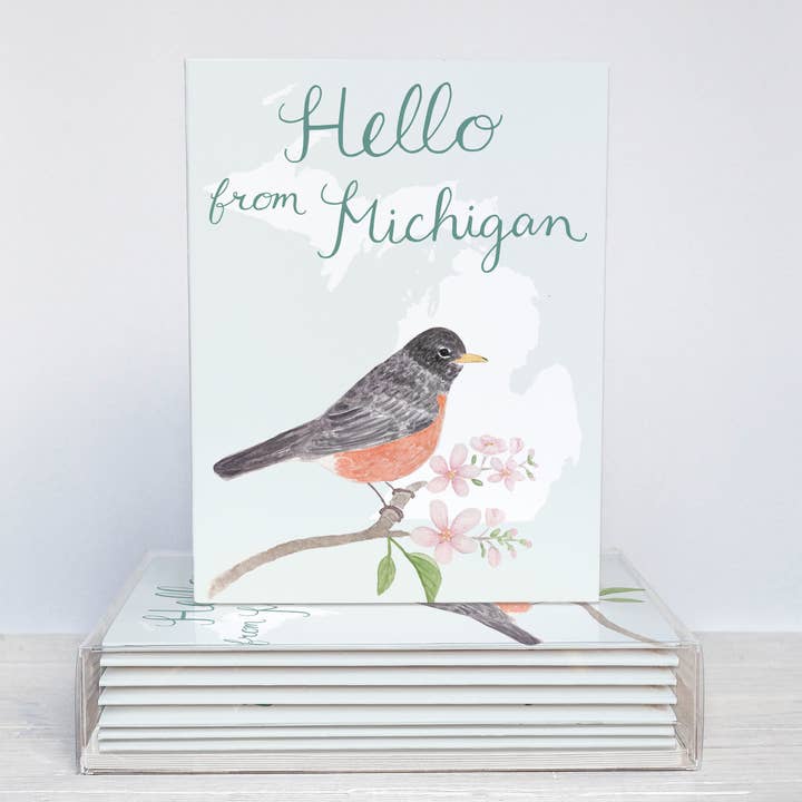 Hello From Michigan Greeting Card - Boxed Set Of 10 Cards for wholesale by White Clover Paper Co.