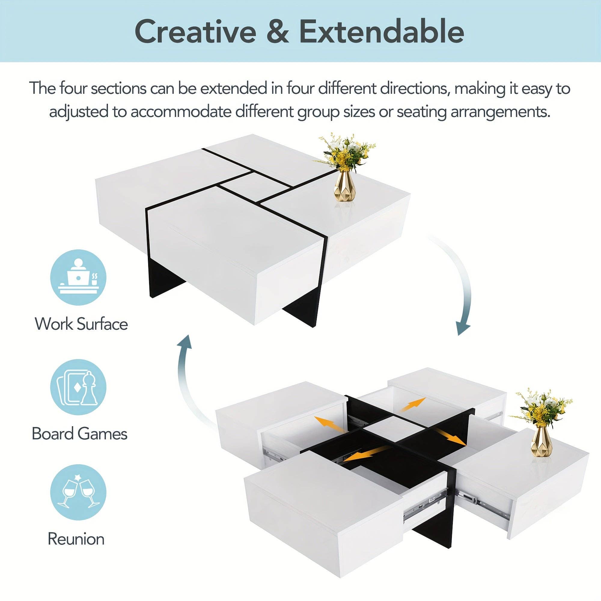 Volcanic Cult - Wholesale Coffee Table - Unique Design Coffee Table with 4 Hidden Storage Compartments, Square Cocktail Table with Extendable Sliding Tabletop, UV High-gloss Design Center Table for Living Room13