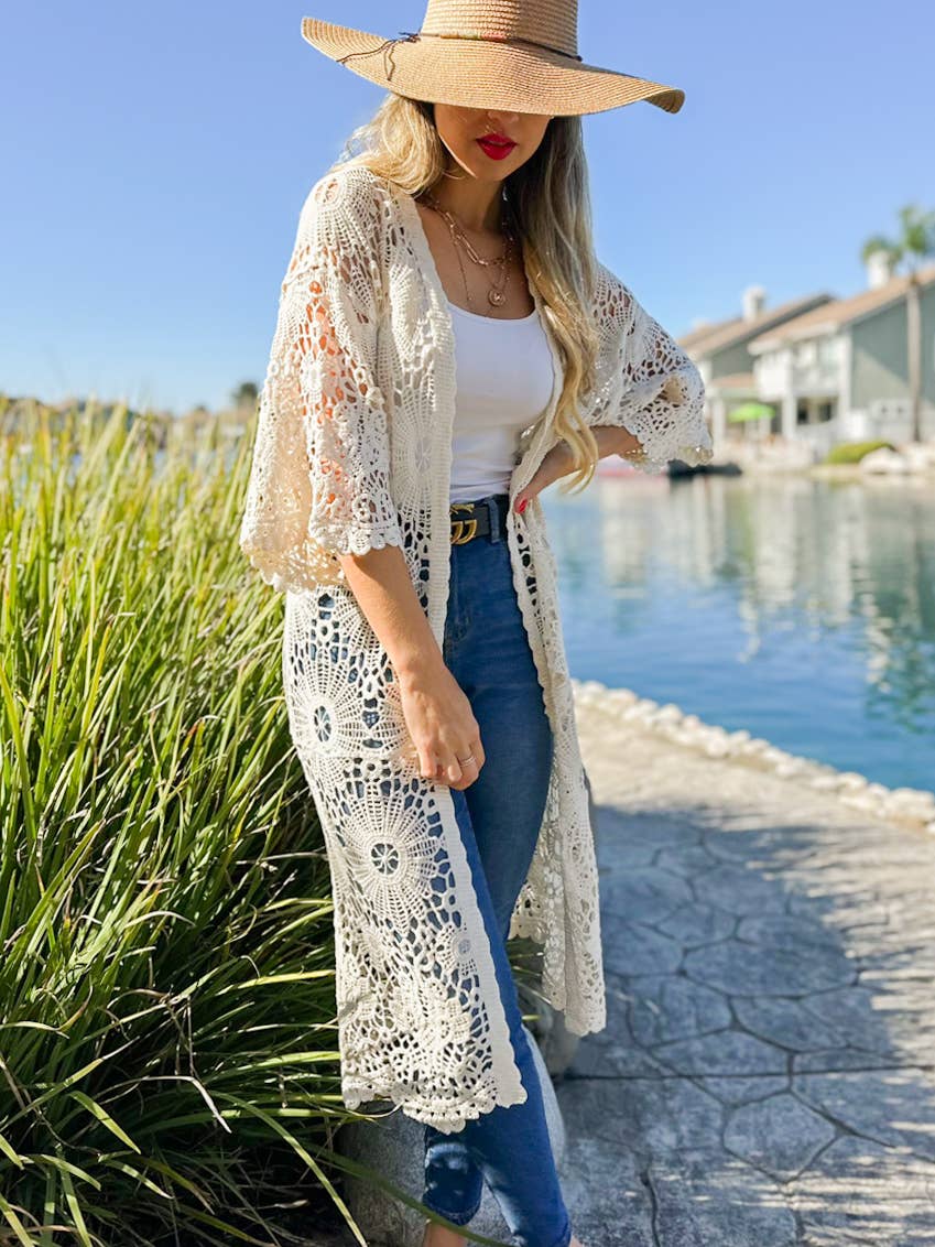 Ivory Bold Floral Printed Crochet 3/4 Sleeve Kimono Cardigan for wholesale on Faire4