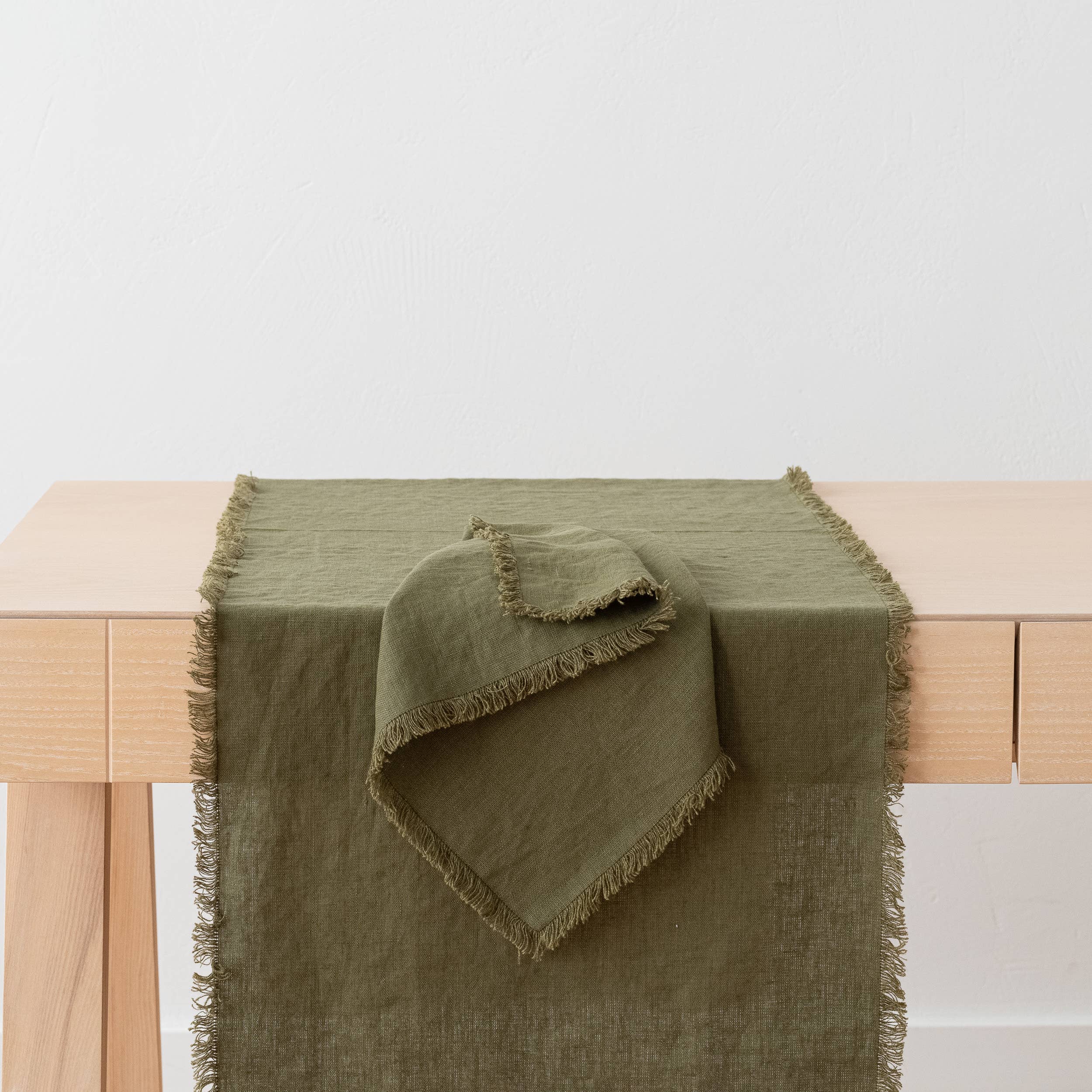LinenMe - Wholesale Table Runner - Linen Table Runner Olive Green Terra Fringe1