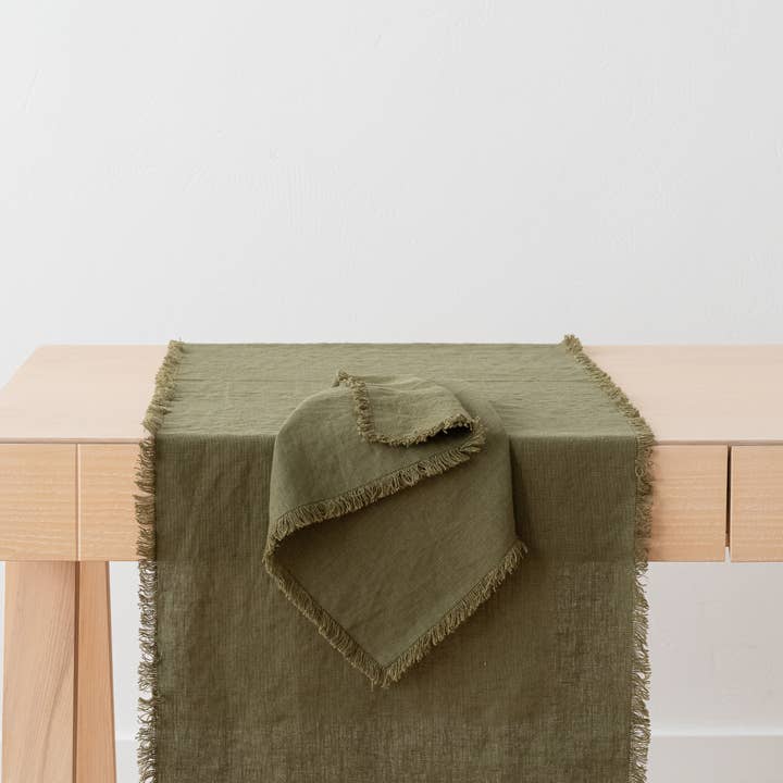 LinenMe - Wholesale Table Runner - Linen Table Runner Olive Green Terra Fringe1