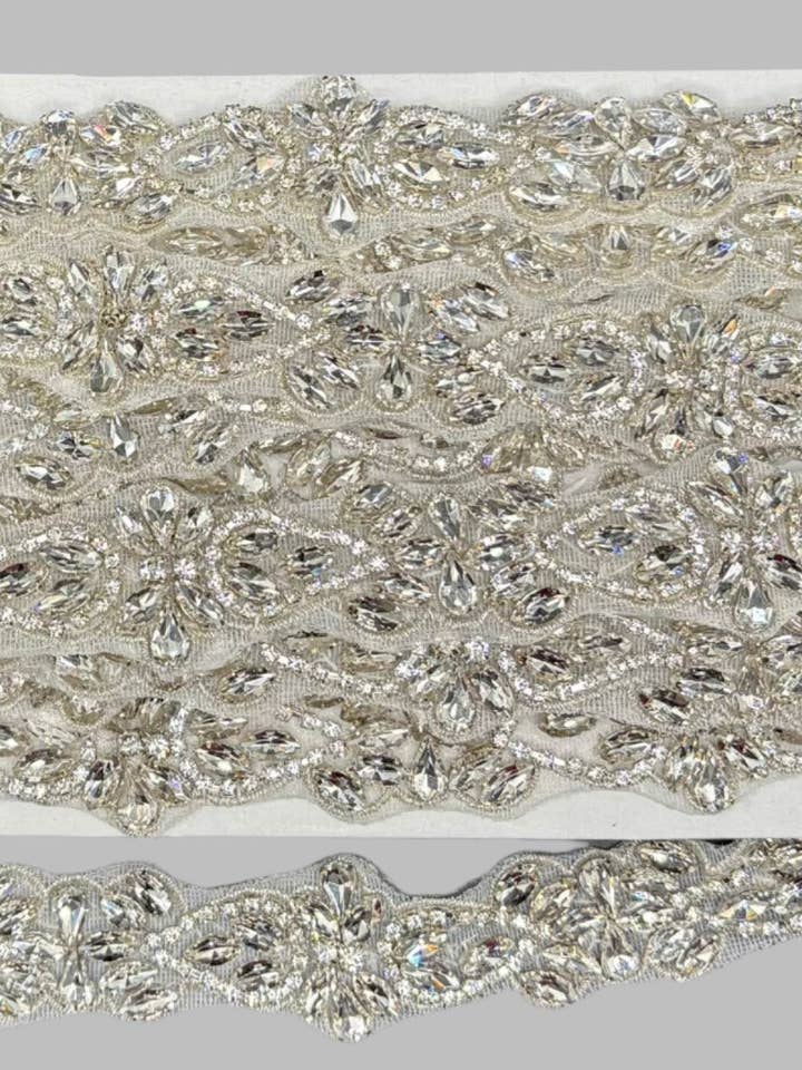 "Emma's" Handmade Rhinestone Trim – 1 1/8" Wide, Sold by the Yard, Crystal or AB for wholesale by Appliques with Glitz