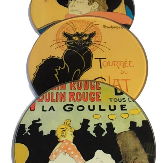 Parisian Posters Lautrec Steinlen Belle Epoque Glass Coasters Set of 4 with Storage Stand for wholesale by Museum Wholesale Inc
