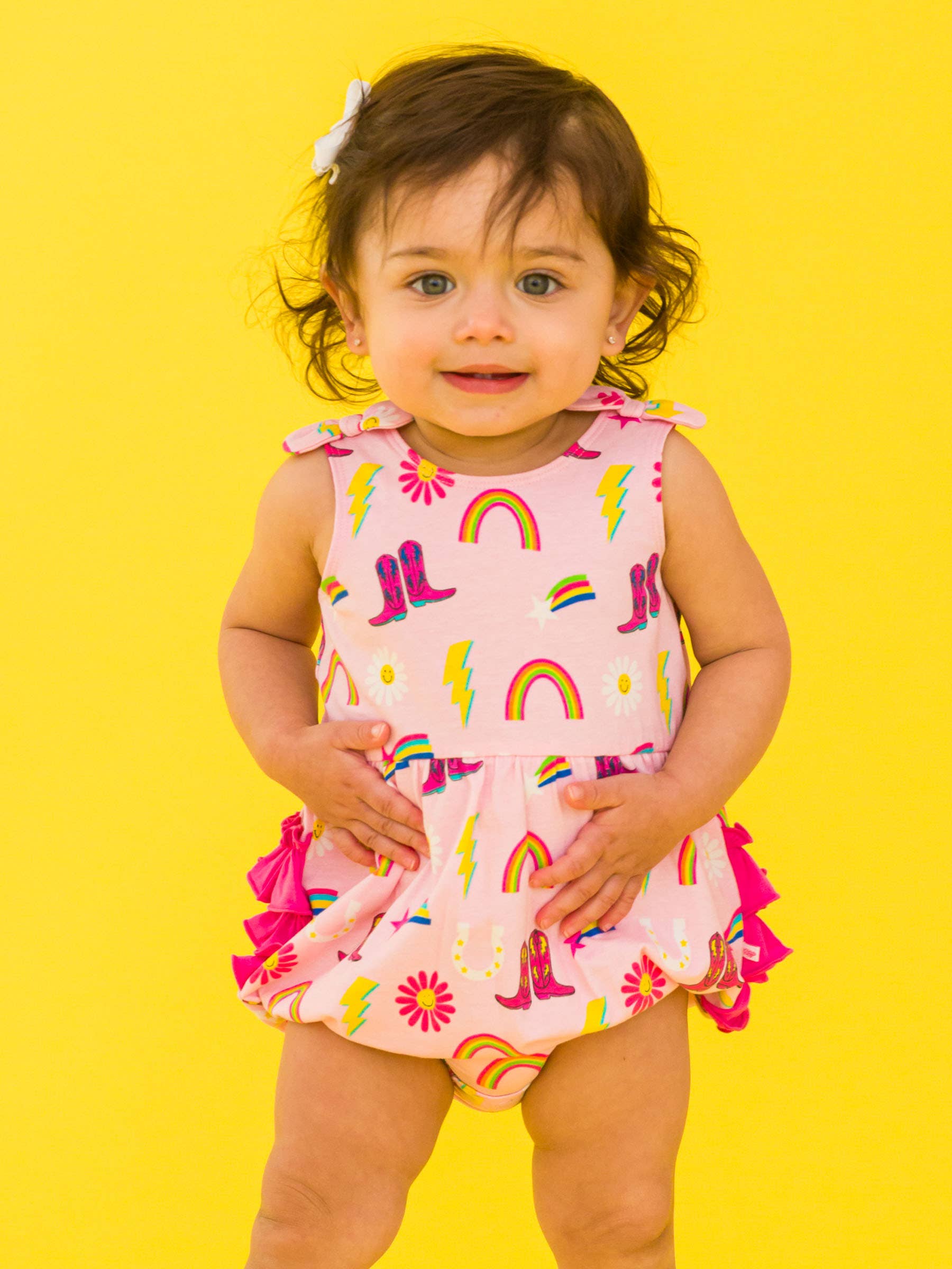 Pink Baby Girls Cowgirl Cutie Knit Tie Shoulder Bubble Romper for wholesale on Faire1