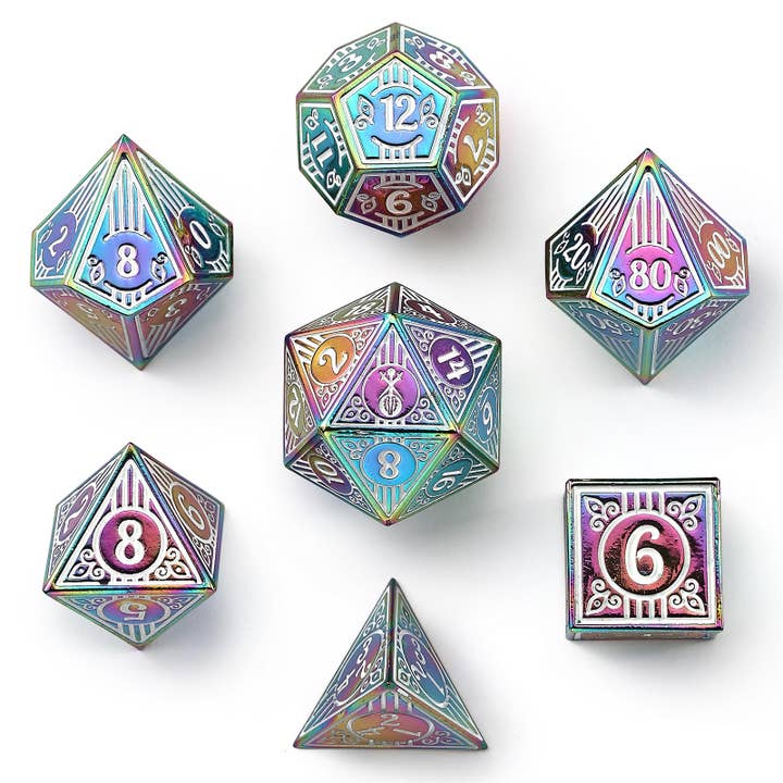 Solid Metal Bard RPG Dice Set - Rainbow w/White for wholesale by Hymgho Premium Dice