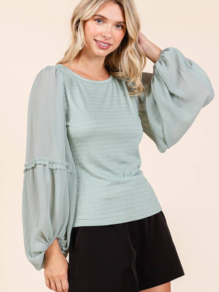 mittoshop - Wholesale Knit Top - Women's - MIXED MEDIA TEXTURED KNIT CHIFFON LONG SLEEVE TOP11