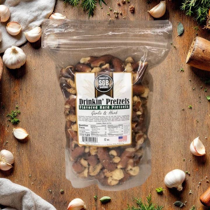 Garlic & Herb Flavored Hard Pretzels (30 - 12oz Bags) for wholesale by Sweet G's Bakery - Drinkin’ Pretzels™