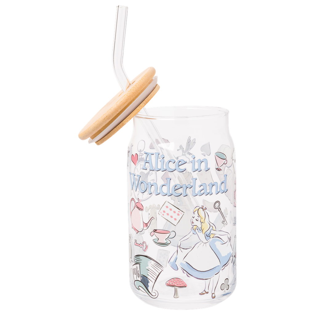Silver Buffalo - Vente Verre/tasse - Gobelet en verre Alice au pays des merveilles Icones 16 oz avec couvercle en bambou3