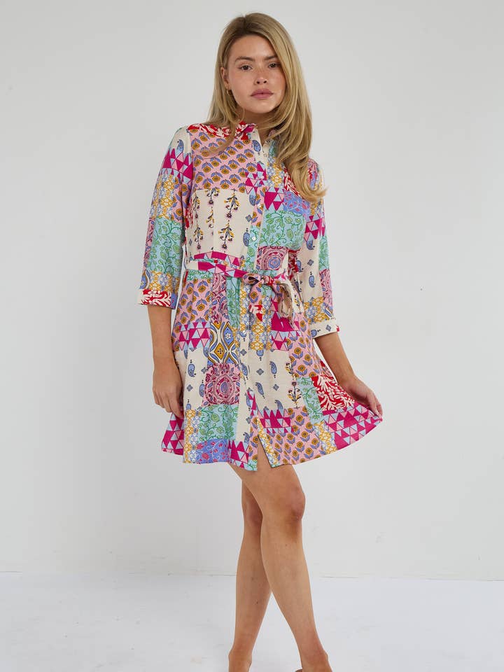 Mehrfarbiges Patchwork-Print-Minikleid mit Hemdkragen für den Großhandel von Love Sunshine Wholesale