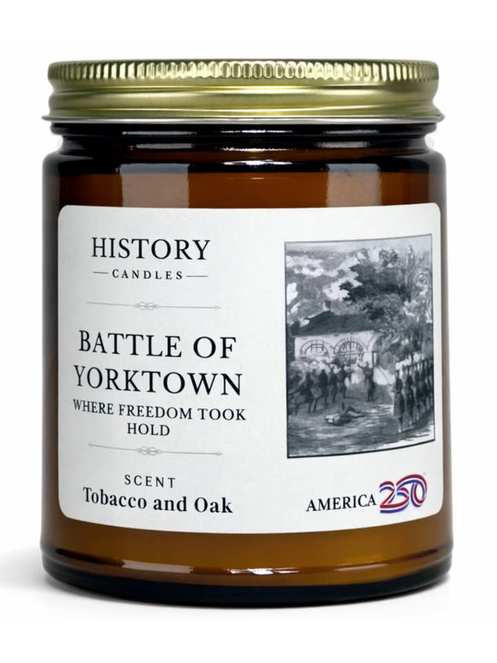 Battle of Yorktown 1781 - Tobacco and Oak-America250™ Candle for wholesale by History Candles