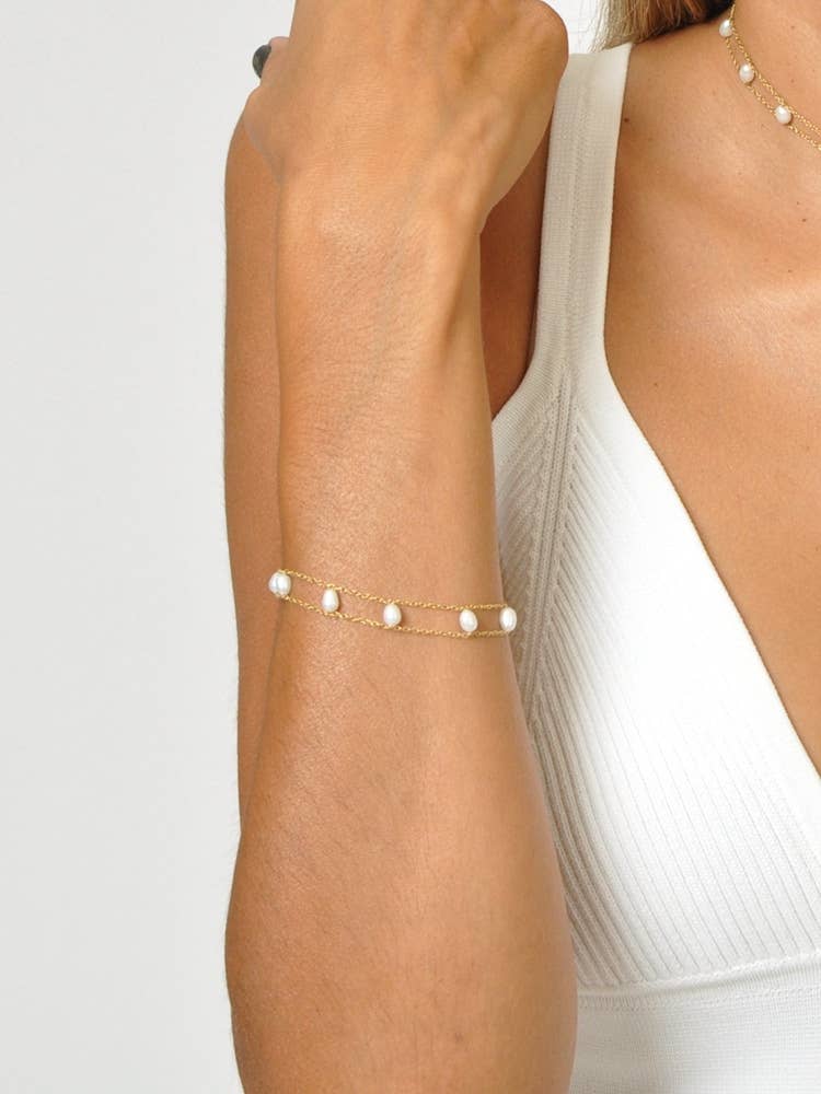 gold Stainless Steel Bracelet With Double Chains And Pearls for wholesale on Faire0