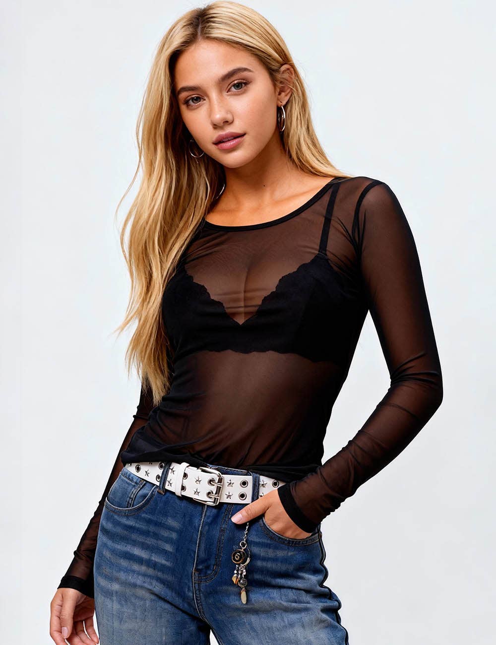 Black Ladies Round Neck Blouse See Sheer Mesh Layring Top SKT4942 for wholesale on Faire3