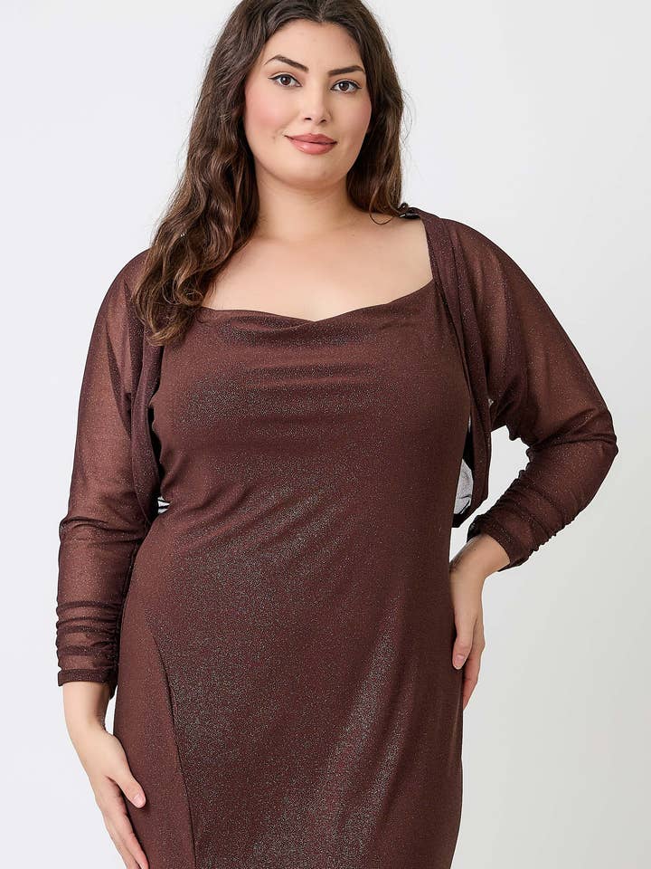 Plus Size Shimmer Midi Dress with Front Slit JK18749-D for wholesale by Haute Fox Plus Size & Contemporary