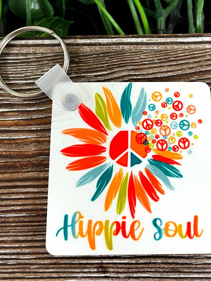 Hippie Soul, MDF Square Keychain, Can Make Custom, Boho Fun, Flowers Peace Signs for wholesale by Handmade by Marlayna
