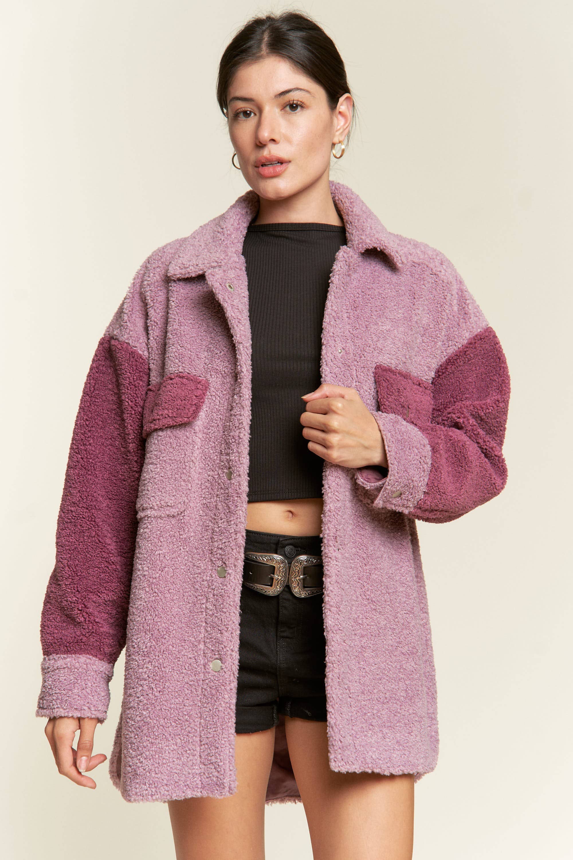 JADE BY JANE PLUS – Casaco camiseiro – Mulher por atacado – Casaco Sherpa Colorblock (Tamanho grande)6