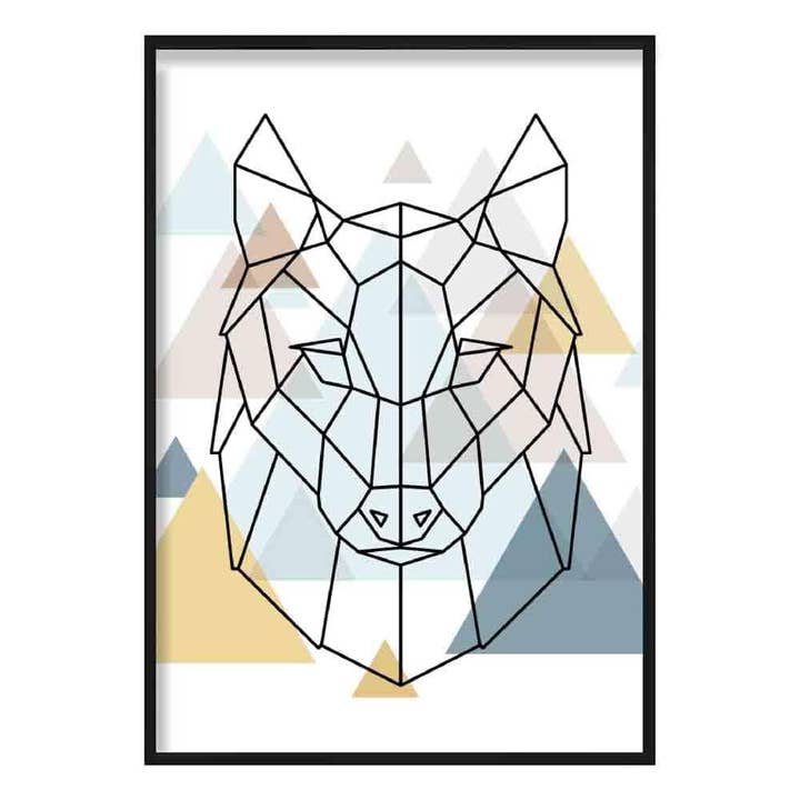 Wolf Head Abstract Geometric Blue, Yellow, Beige Poster for wholesale by Artze Wall Art