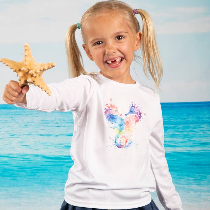 White Caloosa Kids "Seahorse Love" UPF 50 Ultra Comfort Shirt for wholesale on Faire2