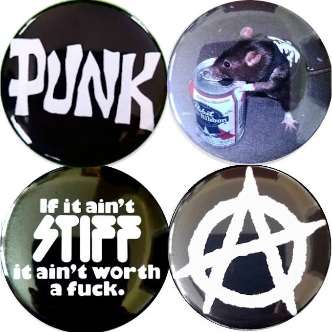 Punk Graphics x 4 LARGE 2.25" Inch (57mm) pins rat records for wholesale by Pinbax Express