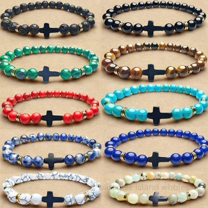 Paradise Island Gold and Silver - Wholesale Beaded Bracelet - 8mm Stone Tone Beaded Bracelets with Gold Cross & Spacers