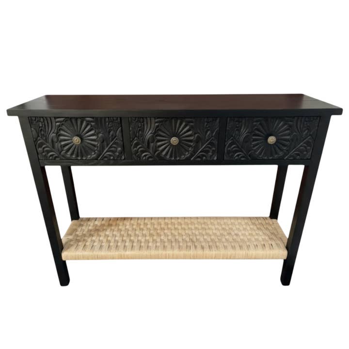 FN100 Wooden Console Table with Woven Shelf 3.5' x 11.5' x 2.75' PK 1 for wholesale by Myrians Home Decor
